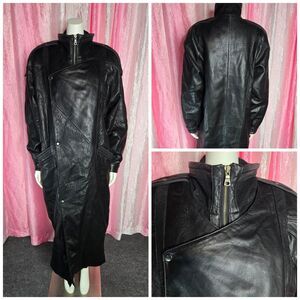 RARE Vintage Midway Leather Collection Black Long Trench Coat Size Large